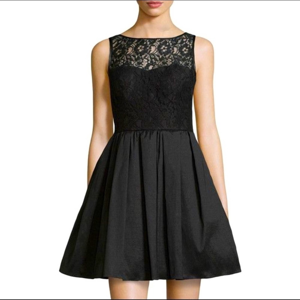 Aidan Mattox Black Cocktail Party Dress Lace Taffeta Bateau Neckline Size 6